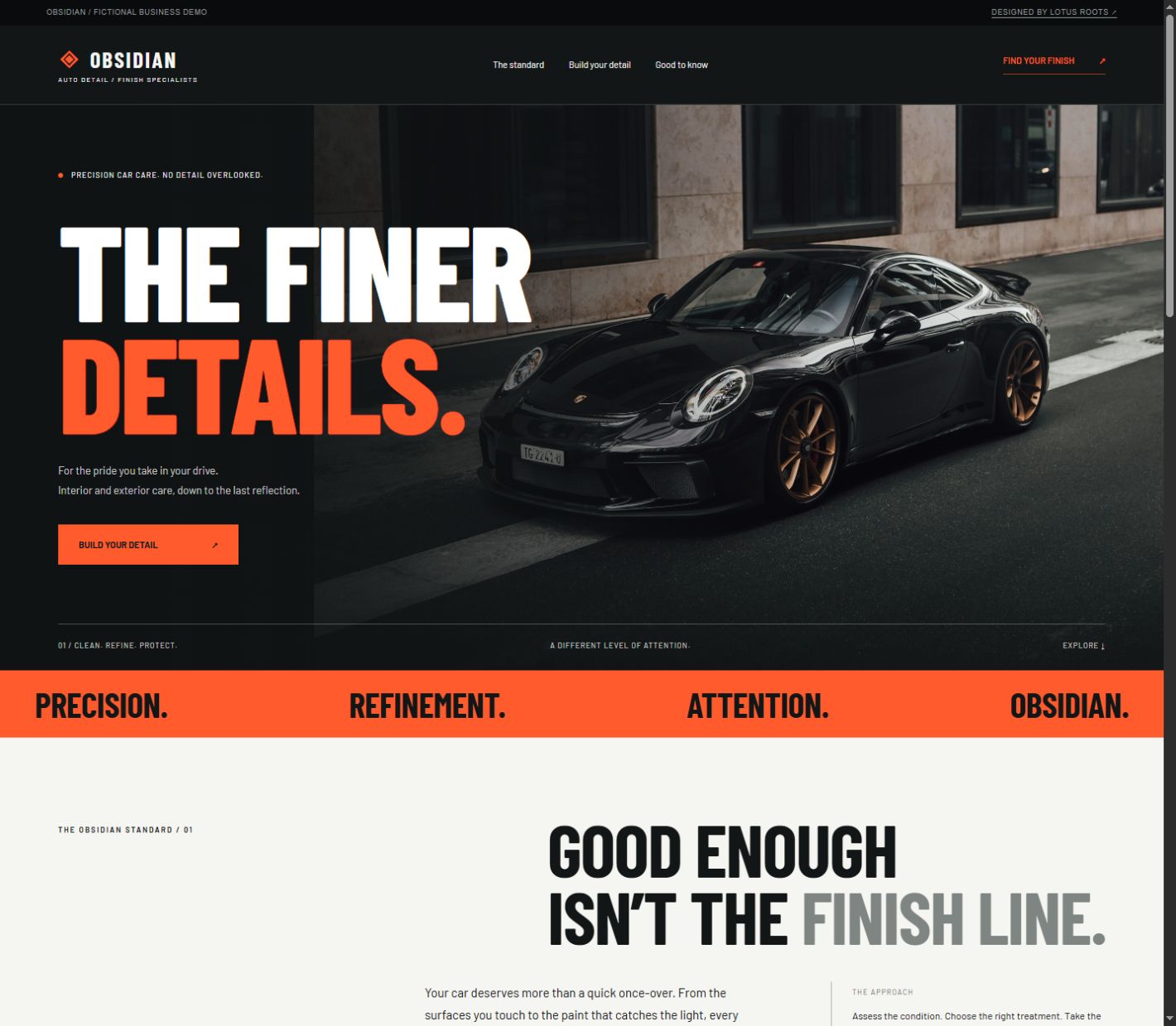 Obsidian website with bold orange type and premium car photography