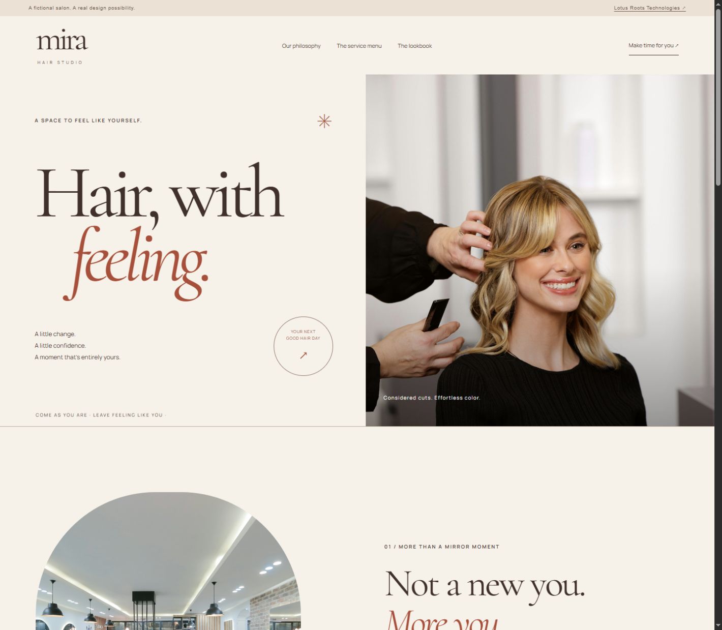 Mira salon website showing editorial typography and warm hair photography